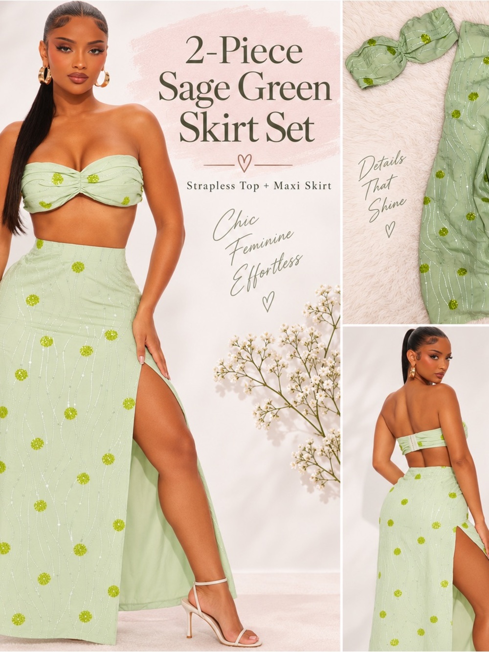 Fashion Nova Light Green Sequin Maxi Skirt with Dots